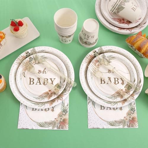 Gudvilla 350 Pcs Boho Baby Shower Decorations for Girl, Baby Shower Plates and Cups and Napkins Sets, Oh Baby Plates for Western Sweet Baby Girl, Summer Fall Gender Neutral, Serves 50 - Thumbnail 4