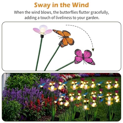 Hoikwo Solar Garden Lights 4 Pack, Swaying Butterfly Flower Stakes Outdoor, Lifelike Butterflies and Flowers with 6 LED Warm Lights, Solar Lights Decor for Yard, Patio, Garden, Pathway - Thumbnail 5