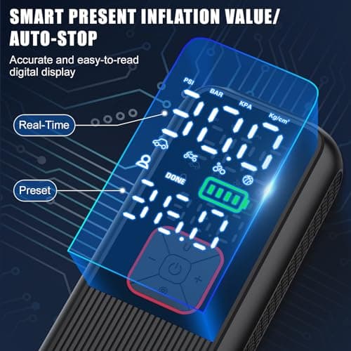 Pwperry Tire Inflator Portable Air Compressor, 150PSI Smart Air Pump for Car Tires with Digital Tire Pressure Gauge, Portable Tire Inflator for Car, Motorcycle, Bike, Ball and More - Thumbnail 4