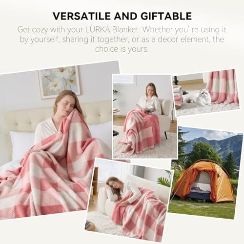LURKA Checkered Sherpa Fleece Throw Blanket – Soft and Cozy, Medium Weight for All Season, Plush Throw for Couch, Bed & Pets, Powder Pink, 50x60 Inches - Thumbnail 2