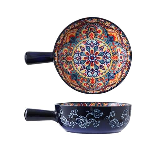 JINNTHE 1PC Ceramic Soup Bowl with Handle – 23oz, 9 Inches Bowl Handmade Shallow Bowl Colorful Floral Microwave & Dishwasher Safe Pasta/Salad Dish Bohemian Style Navy Blue - Image 1