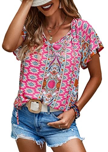 Angashion Women's Summer Tops Casual Floral Print V Neck Ruffle Short Sleeve Loose Tunic T Shirt Blouse Rose Red M - Image 1
