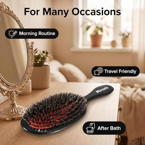 Morsafe Boar Bristle Hair Brush for Women Men Painless Detangling Paddle Brush for Curly Fine Tangled Hair, Anti-frizz Boar Nylon Bristle Cushioned Brush, Includes Cleaning Tool - Thumbnail 6