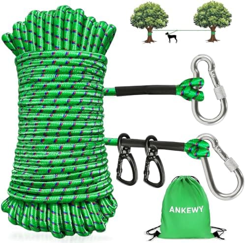 Tie Out Cable for Camping,Portable Overhead Trolley System for Dogs up to 200lbs，Dog Lead for Yard, Camping, Parks, Outdoor Events (Green, 100FT)