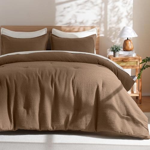 PHF Soft Waffle Comforter Set King Size- Comfy Breathable Waffle Weave Comforter with 2 Pillow Shams, 3 Pieces Less Snagging Lightweight Textured Bedding Set for All Season, Mocha