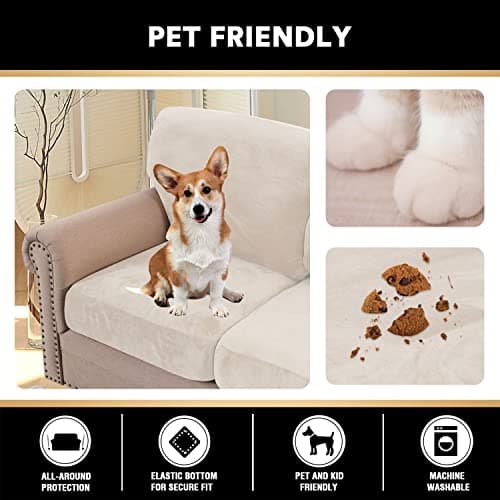 PrinceDeco 4 Piece Luxury Thick Velvet Sofa Covers（2 Base Cover Plus 2 Seat Cushion Covers） Couch Covers for 2 Cushion Couch Sofa Couch Cover for Dogs, Machine Washable(Loveseat, Ivory) - Thumbnail 5