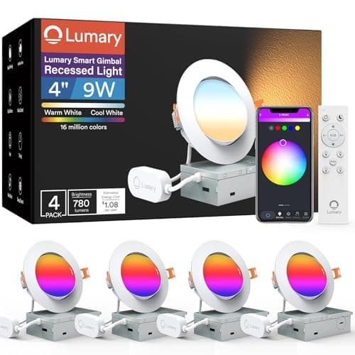 Lumary Smart Gimbal Recessed Lighting 4 Inch with Remote, RGBWW WiFi Ceiling Light 355° Swivel & 20° Tilt, Work with Alexa Google, Adjustable LED Can Lights Canless with J-Box, 780lm CRI90, 4Pack