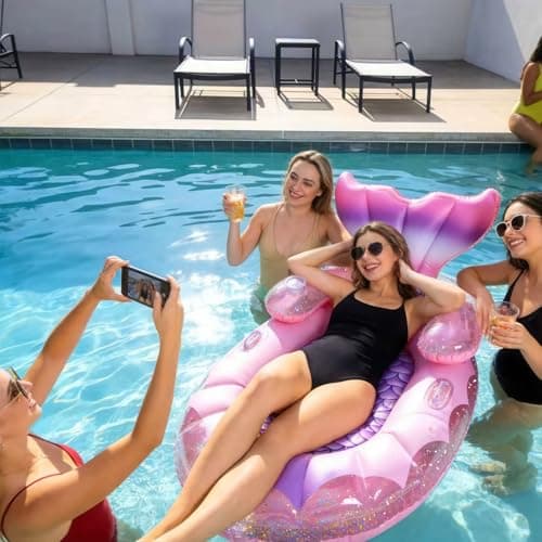 Mermaid Pool Float Bed for Adults - 63" X 39" Premium Inflatable Lounger with Backrest & Cup Holder, Glitter Interior, Comfortable Sunbathing Raft with Handles for Party Pool Beach Lake (Pink) - Thumbnail 3
