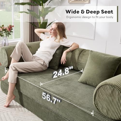 Tbfit 79'' Folding Boneless Couch, Oversized Corduroy Convertible Sofa Bed, Futon Mattress Sleeper Sofa, Comfy Foldable Upholstered Floor Couches for Living Room, Green - Thumbnail 4