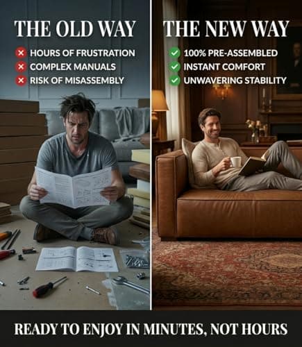 CHERS 83" Faux Leather Sofa, No Assembly Required One-Piece Couch, Mid Century Modern 3-Seater with Solid Wood Frame, Distressed Brown Vintage Patina Aesthetic for Living Room, Office, Reception - Thumbnail 3