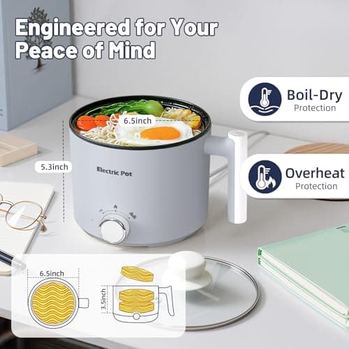 KERZION Electric Hot Pot :1.5L Mini Ramen Cooker with Overheat & Boil-Dry Protection, Suitable for Noodles, Soup, Oatmeal, College Dorm Office Travel Essentials (Grey, 1.5L) - Thumbnail 3