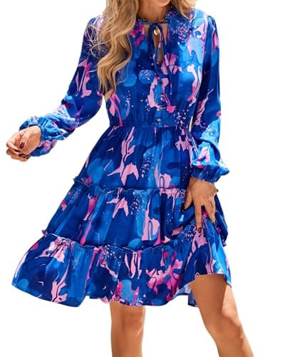 BTFBM Women Fall Dresses 2026 Floral V Neck Long Sleeve Tiered Ruffle Boho Swing Flowy A-Line Mini Dresses Vacation(Blue Pink Floral,Large) - Image 1