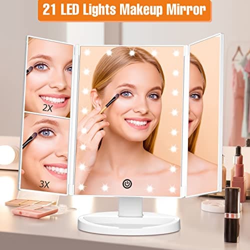 FASCINATE Trifold Vanity Mirror with Lights, Lighted Makeup Mirror 2X/3X Magnification, 21 LED Touch Dimming, Dual Power 180° Rotation Lit Beauty Table Mirror, Make up Mirror with Lighting - Thumbnail 2