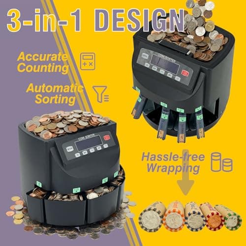 Professional USD Coin Counter and Sorter with LCD Display,Coin Sorter Machine for USD Coin 1￠5￠10￠25￠$1, 2000-coin Capacity,300 Coins/min,Automatic Change Counter,5 Bins,5 Tubes (+96 Wrappers+Cover) - Thumbnail 2