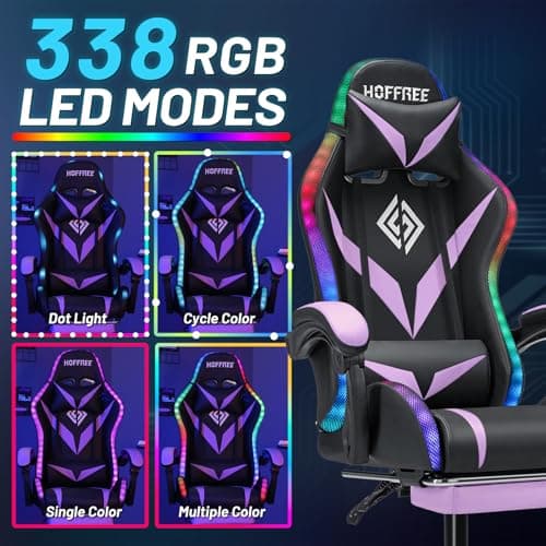 HOFFREE Gaming Chair Massage with Bluetooth Speakers and Led Lights Ergonomic Computer Gaming Chair with Footrest RGB Video Game Chair with High Back Lumbar Support Purple and Black - Thumbnail 4