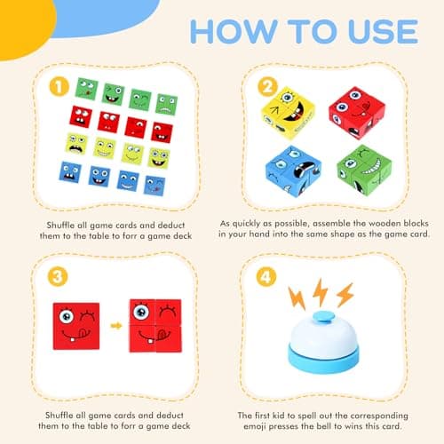 Montessori Puzzle Game for Kids - Wooden Face Changing Magic Cube Game, Educational Face Changing Cubes, 3+ Years (64 Cards, 16 Blocks, 1Bell) - Thumbnail 3