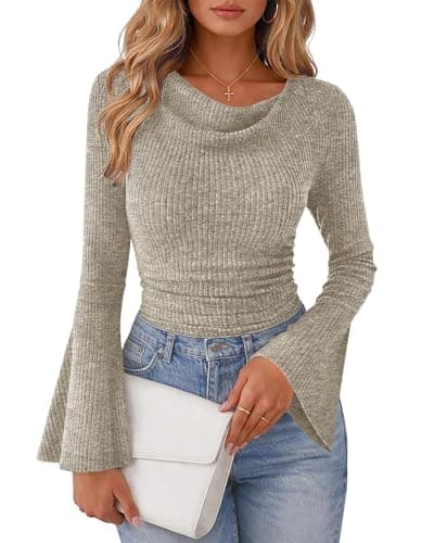Lazysmile Women's Bell Sleeve Cowl Neck Ribbed Knit Shirts 2054 Ruched Trendy Going Out Tops Casual T Shirt - Image 1