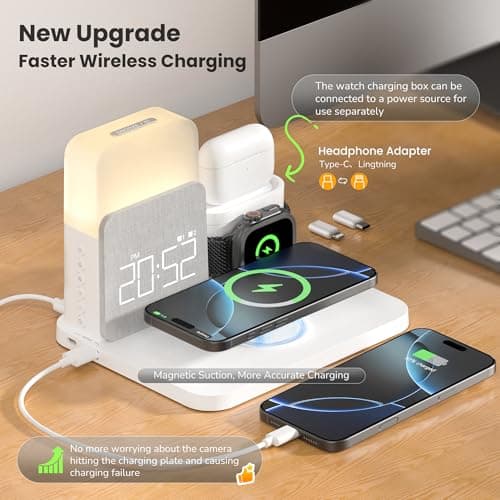 Alarm Clock with Wireless Charger for Bedrooms, 6 in 1 Wireless Charging Station, Magnetic Charger with Night Light Bedside Clock for iPhone 16 15 14 13 12 Pro Max, Apple Watch, AirPods - Thumbnail 2