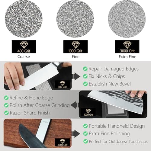 Diamond Sharpening Stone Set & Knife Sharpener Whetstone Kit, Double-Sided 400/1000 Grit Plate with Non-Slip Base & Angle Guide, Portable 3000 Grit Honing Tool for Kitchen Ceramic Knives - Thumbnail 4