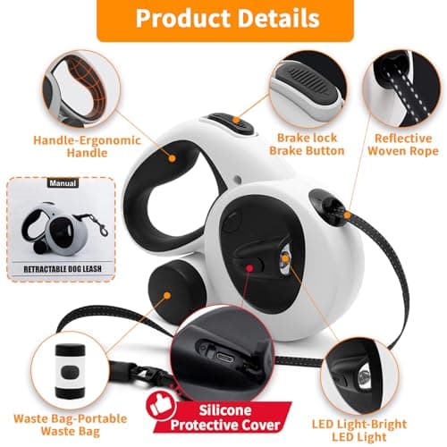 COSOWO Retractable Dog Leash with USB Rechargeable LED Light, 16 ft Heavy Duty Dog Lead with Poop Bag Holder & Steel Cable, Leash for Small Medium Large Dogs, White - Thumbnail 6