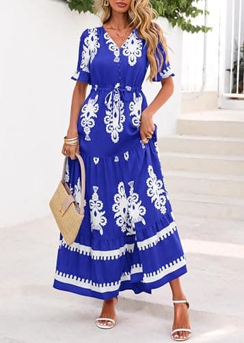 Lazysmile Summer Dresses for Women Short Sleeve V Neck Floral Drawstring Flowy A Line Boho Maxi Dress with Pockets Blue - Thumbnail 5