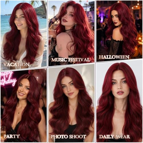 Barbique Burgundy Synthetic Wig for Women, Long Body Wave Wig Middle Part, Glueless Wig for Daily Wear, Heat Resistant Hair - Thumbnail 6