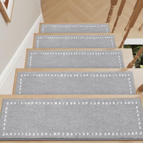 tchdio Stair-Treads Non Slip Indoor, Stair Treads for Wooden Steps 15PC, Soft Carpet Stair Treads, Peel and Stick Stair Treads Reusable Adhesive for Kids and Pets, Washable Stair Runner 8"x30" Grey - Image 1