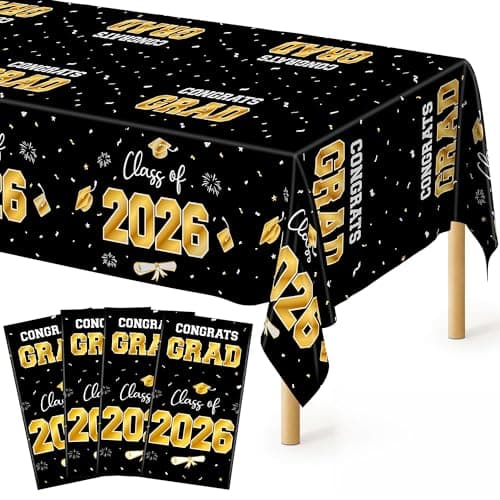QZYL 4 Pack Graduation Decorations, 54" x 108" Black and Gold Rectangle Graduation Table Cloths, Plastic Tablecloth for College Congrats Grad, Disposable Grad Party Decorations for Class of 2026 - Image 1