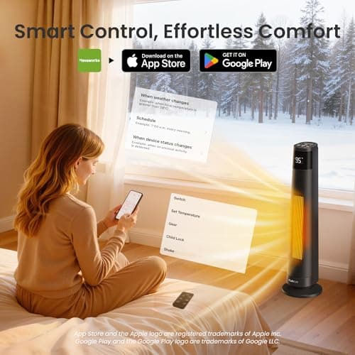 FLANUR 1500W Space Heaters for Indoor Use Large Room, WIFI Electric Heater with Voice Control, 5 Modes, ECO Thermostat, 12H Timer, Quiet & Safety PTC Ceramic Heater for Bedroom, Black, 1 Pack - Thumbnail 4