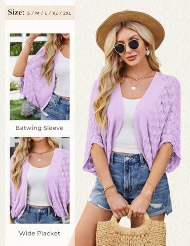 Summer Cardigan for Women 2024 Crochet Oversized Shrug Cardigan Light Purple XXL - Thumbnail 5