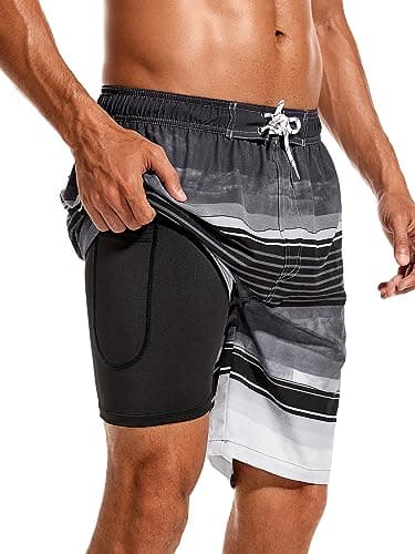 SILKWORLD Mens Swim Trunks with Compression Liner Swim Shorts 9 Inch Inseam Quick Dry Board Shorts with Zipper Pocket, Grey White, Small - Image 1