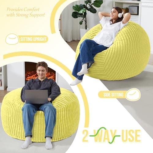Homguava 3 FT Bean Bag Chair,3' Big Bean Bag,Large Bean Bag Chairs for Adults with Memory Foam Filled,Comfy Beanbag Chairs Soft Bean Bag Sofa with Dutch Corded Plush Cover-Yellow - Thumbnail 5