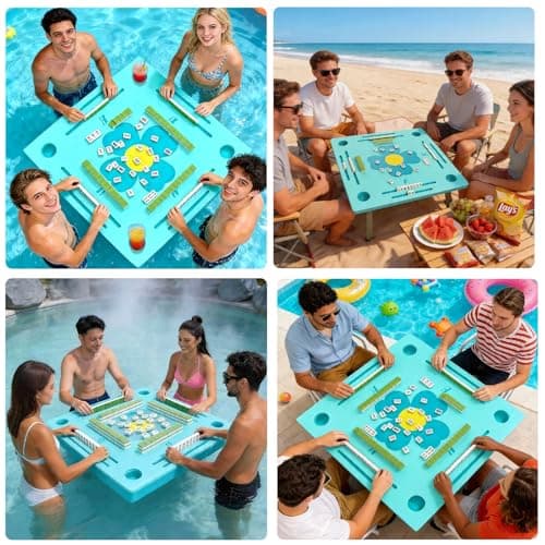 Floating Mahjong Table for Pool, Double-Sided Waterproof Game Tray for Mahjong, Poker, Cards, Dominoes & Scrabble, EVA Water Game Table with Cup Holders for for Hot Tub, Lake, Beach, Backyard Parties - Thumbnail 6