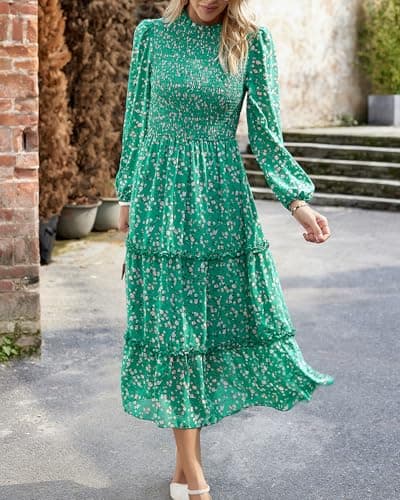 NOLLSOM Women 2025 Fall Dress Floral Casual Long Sleeve Crew Neck Ruffle A-Line Flowy Floral Boho Wedding Guest Maxi Dresses(Green Pink Flower,Small) - Thumbnail 4