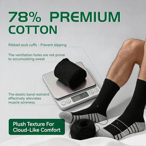 Black Socks for Men, Crew Socks for Men Athletic Feetures Cushioned with Arch Support Cotton Running Hiking Essentials Moisture Wicking,1-Pairs Premium Trial Pack - Thumbnail 4