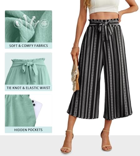 IWOLLENCE Women Flowy Loose Wide Leg Pant Summer Beach Casual Trousers high Waist Adjustable Knot Business Work Casual Pants Bohemian Stripes Small - Thumbnail 4