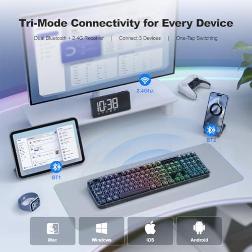 MOFII Upgraded Wireless Ergonomic Keyboard, BT/2.4Ghz Tri-Mode with Natural Curve, RGB Backlit, Rechargeable Battery, Full-Size for Computer/Laptop/Mac/MacBook, Pearl Black - Thumbnail 2