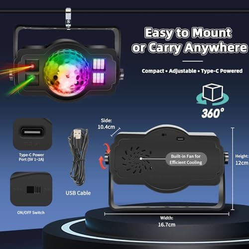 3-in-1 Disco Ball Party Lights, Sound Activated DJ Strobe Light with 60 Patterns, USB Powered Disco Light Projector for Room Decor, Glow Party Supplies, Birthday, Christmas, Halloween - Thumbnail 6
