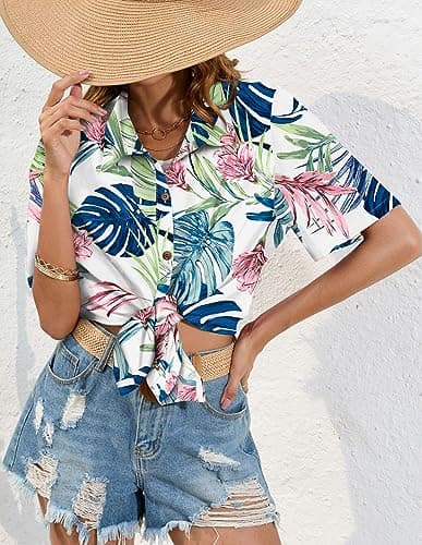 LILYCHIC Women's Hawaiian Shirts Outfits Luau Party Tropical Tops Blouses Summer Beach Plus Size Shirt Palm Leaf White, L - Thumbnail 2