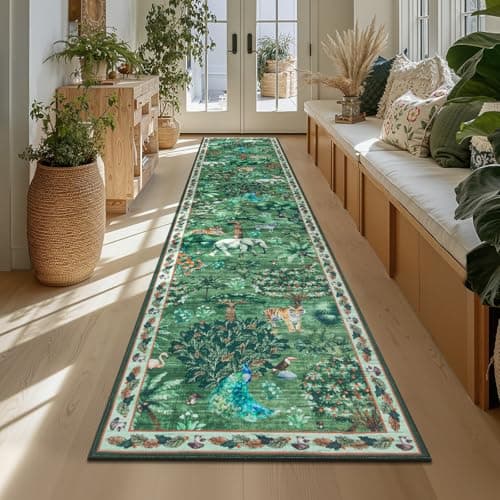 Yamaziot Hallway Runner Rug 2x10 – Jungle Animal Print Linen Rug with Non Slip Backing, Low Pile Washable Distressed Boho Carpet for Indoor Outdoor Rug, Kitchen, Bedroom, Entrance, Forest Green - Image 1