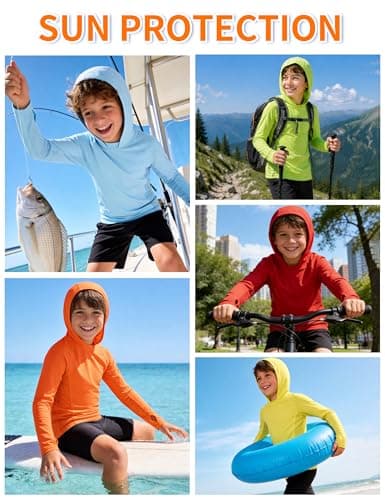 RIKUAOU Boys Hooded Rash Guard Fishing Shirt, UPF 50+ Kids Long Sleeve Sun Hoodie, Youth UV Protection Beach Swim Shirts Light Blue - Thumbnail 2