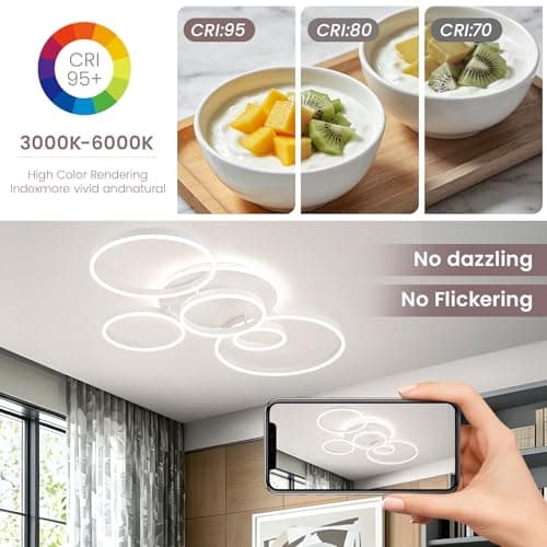 Modern LED Ceiling Light White Flush Mount Ceiling Light Dimmable Dining Room Light Fixtures with Remote 5 Rings Acrylic Kitchen Lighting Fixtures Ceiling Lamp for Living Room Bedroom (White, 5 Rings) - Thumbnail 5