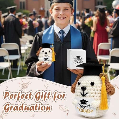 NIUBEHOHO Crochet Dog with Graduation Cap - Puppy Crochet Graduation Gifts with Congrats Grad Card Graduation Box Mesh Bag Handmade Animal for 2026 Graduate Grad Gifts for Graduate Women Men - Thumbnail 2