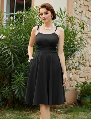 Belle Poque Black Cocktail Dresses for Women Wedding Guest Knee Length Sun Dress 1950s Vintage Baby Shower Dress S - Thumbnail 4