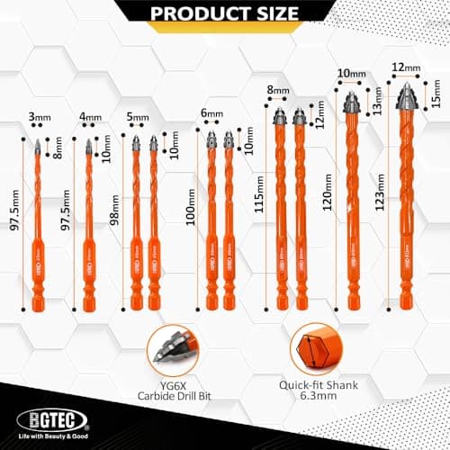 BGTEC Serrated Carbide Masonry Drill Bit Set - 10PCS 3/4/5 * 2/6 * 2/8 * 2/10/12MM Wood Drill Bits with a Quick Release Bit Holder for Wood Plastic Masonry Brick Tile Glass Concrete Marble - Thumbnail 4