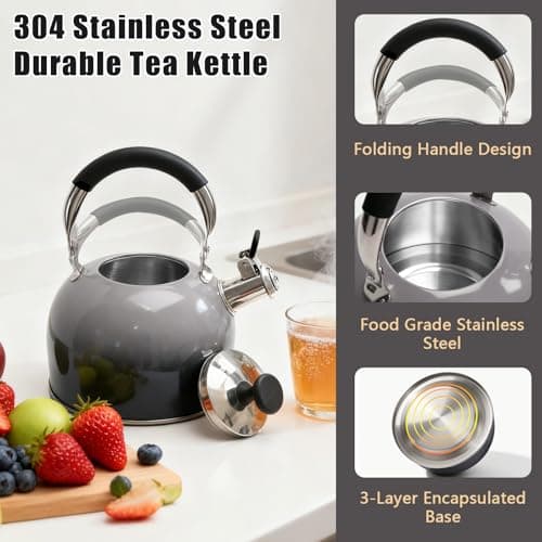 Tinlon Enamel 2.5 Qt Whistling Tea Kettle for Stovetop, Black - Thumbnail 3