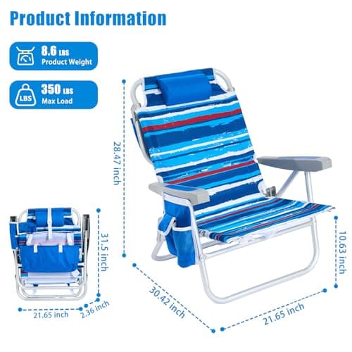 SUNNYFEEL Low Beach Chair 5 Position Lay Flat, Portable Folding Backpack Beach Chairs Heavy Duty with Cooler Bag, Cup Holder for Outdoor/Lawn/Picnic/Fishing, Foldable Camping Chair (New BlueStripe) - Thumbnail 3
