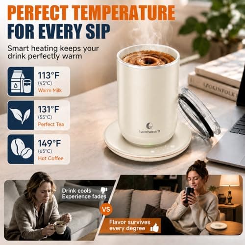 Self Heated Stirring Coffee Mug, 10oz Auto Mixing Cup with Warmer, White - Thumbnail 3