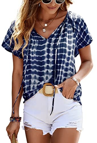Angashion Women's Summer Tops Casual Floral Print V Neck Ruffle Short Sleeve Loose Tunic T Shirt Blouse Tie Dye Navy Blue M - Image 1