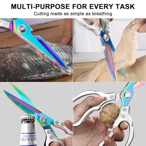 CGBE Kitchen Scissors, Multi-Purpose Kitchen Shears, Heavy Duty Dishwasher Safe Food Scissors for Chicken, Poultry, Fish, Meat & Herbs with Non-Slip Grips - Sliver Colorful - Thumbnail 5